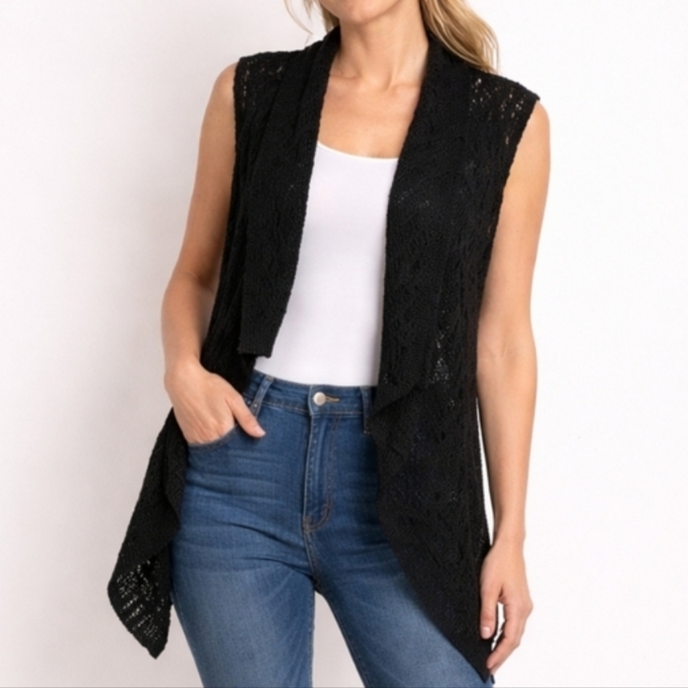 Oska Black Open Knit Cardigan M/L Draped Lightweight Boho Sweater Vest